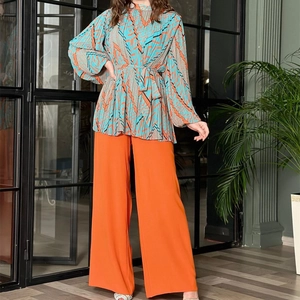 Women Elegant Pleated Geometric Print Long Sleeve Top And High Waist Wide Leg Pants Chic Office Lady Outfits