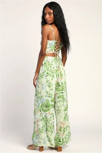Detailed back view of tropical print crop top with adjustable lace-up straps and wide-leg pants