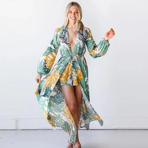 Damen Sexy V-Ausschnitt Tropischer Blatt Druck Maxi Romper Kleid Schulterfrei Langarm Böhmisch Strand Urlaub Jumpsuit Kleid Overlay