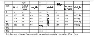 Detailed size chart for women's printed shirt and pants set showing M to 2XL measurements