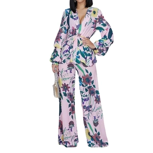 Women's 2-piece floral set featuring a V-neck wrap top and high-waist wide-leg pants