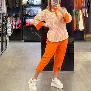 Women's Casual Polyester Linen Printed Top And Bottom Color Block Patchwork Three Quarter Sleeve Shirt Cropped Pants