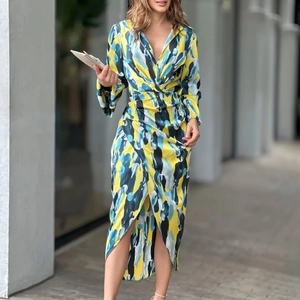 Robe Midi Femme Élégante Imprimé Art Abstrait Col en V Manches Longues Ourlet Irrégulier Coupe Ajustée Décontractée