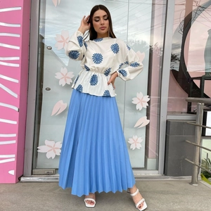 Women Elegant Pleated Floral Print Top And Bottom Set Long Sleeve Round Neck Shirt High Waist Midi Skirt Commute Fashion Suit