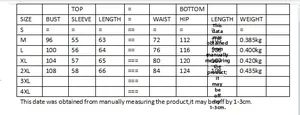 Size guide table for casual printed top and pants set showing S to 4XL measurements
