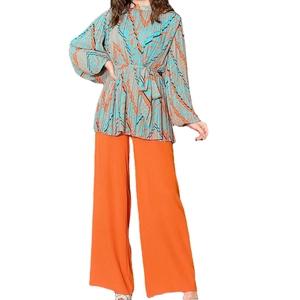 Women's 2-piece set with geometric puff sleeve shirt and orange high-waist wide-leg pants
