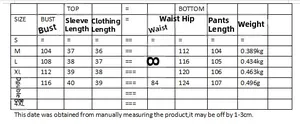 Size guide for bell-sleeve shirt and high-waisted pants set including S-4XL measurements