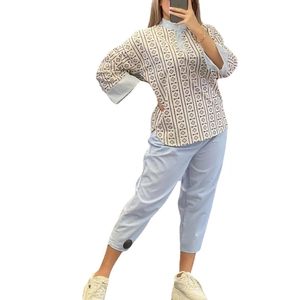 Women's cotton linen casual set with geometric print top and solid cropped trousers