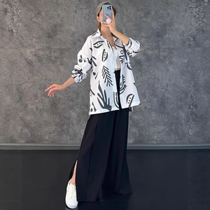 Chemise à Manches Longues à Imprimé Floral Décontractée pour Femmes et Pantalon Large Fendu à Taille Haute Haut et Pantalon