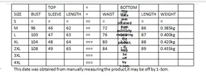 Detailed size chart for cotton linen printed set showing measurements from S to 4XL