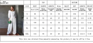 Size chart for stylish white two-piece set including long sleeve crop top and wide leg pants