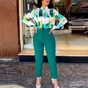 Women Commuter Geometric Print Long Sleeve Shirt And Slim Fit High Waist Pants Top And Bottom Elegant Summer Office Outfit