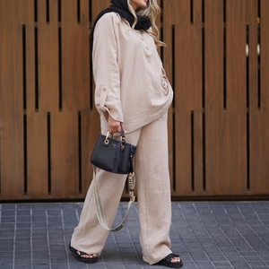 Ensemble décontracté deux pièces pour femme avec chemise à manches longues et pantalon large