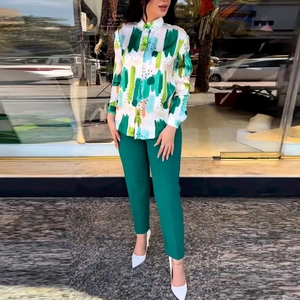 Women's 2-piece set with abstract print long sleeve shirt and emerald green high waist pants