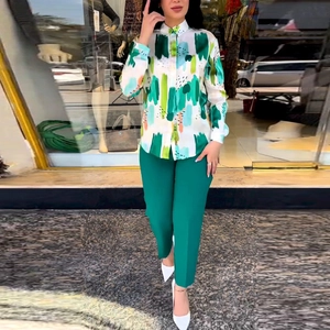 Women stylish abstract print long sleeve shirt and high waist green trousers set