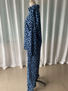 Vue latérale d'un ensemble pyjama bleu imprimé léopard avec pantalon droit sur un mannequin