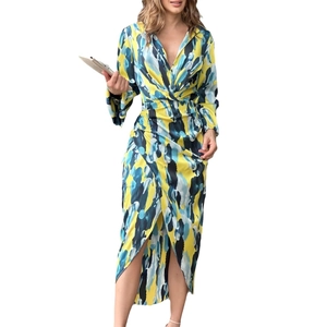 Robe midi portefeuille pour femme avec imprimé abstrait bleu et jaune et manches longues