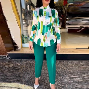 Women's 2-piece set with abstract print long sleeve shirt and green tailored trousers