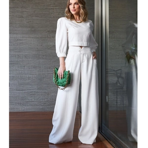 Elegant Women Round Neck Puff Sleeve Short Top And High Waist Wide Leg Pants Solid Color Casual Commuter Outfit Top And Pants