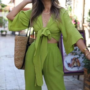 Women Flare Sleeve Tie Front V Neck Crop Top And High Waisted Wide Leg Pants Crinkled Casual Vacation Outfit Matching Clothes