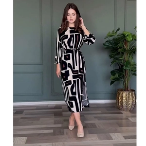 Elegant Geometric Abstract Pattern Maxi Dress Women Long Sleeve Round Neck Slim Fit Dress With Belt Office Lady Fashion
