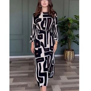 Elegant geometric print maxi dress for women with long sleeves and black waist belt
