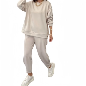Women's chic beige lounge set with button split long sleeve top and jogger pants