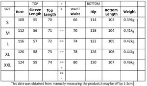 Detailed size chart for vibrant printed shirt and pants set including bust and waist measurements