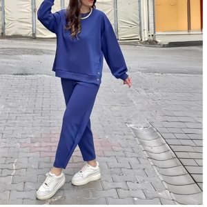 Women Casual Sweatshirt And Joggers Solid Color Round Neck Long Sleeve Top With Metal Side Buttons Urban Sporty Outfit