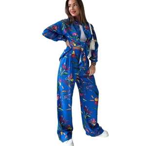 Women's 2-piece vibrant floral print set with tie-front shirt and wide-leg trousers