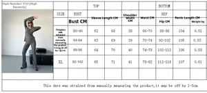 Size chart table for the slim fit long sleeve top and flared trousers knitting set