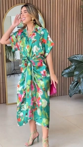 Floral print shirt dress with tie waist and tropical pattern in vibrant green