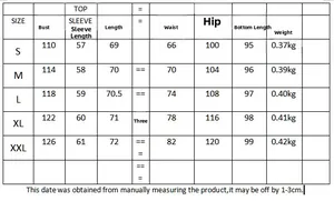 Tableau des tailles détaillé pour l'ensemble chemise imprimée et pantalon du S au XXL