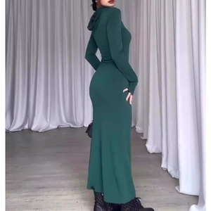 Slim fit dark green hooded maxi dress with long sleeves and thumbhole detail