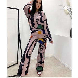 Ensemble Femme Streetwear Imprimé Visage Art Abstrait Haut Manches Longues Col Rond Et Pantalon Droit Jambe Large Taille Haute