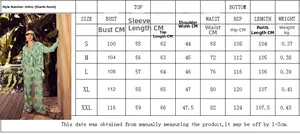 Detailed size chart for floral long sleeve shirt and wide leg pants two-piece set