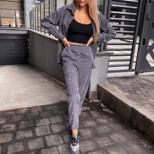 Women's two-piece corduroy set with long sleeve button shirt and high waist joggers in dark grey