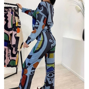 Ensemble femme 2 pièces avec imprimé abstrait, haut à manches longues et pantalon