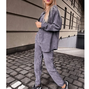 Grey corduroy two-piece lounge set with drop shoulder button shirt and matching joggers