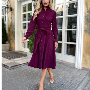 Robe Chemise Élégante pour Femmes Manches Longues Couleur Unie Simple Boutonnage Robe Midi Avec Ceinture Pour Automne Hiver