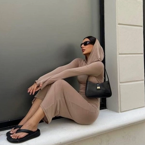 Women Hooded Long Sleeve Slim Fit Maxi Dress Solid Color Cotton Blend Bodycon Streetwear Autumn Spring Casual Long Dress