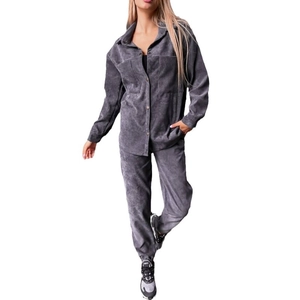 Women's 2-piece grey corduroy lounge set featuring button-up shirt and jogger pants
