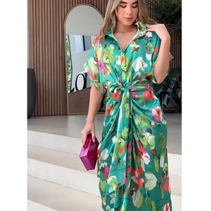 Women Elegant Green Floral Print Satin Maxi Dress Shirt Collar Short Sleeve Button Down Irregular Hem Vacation Party Dress