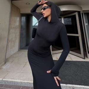 Slim fit black hooded long sleeve dress featuring a minimalist street style silhouette