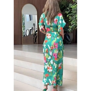 Women boho floral print maxi dress with puff sleeves and button detail in green