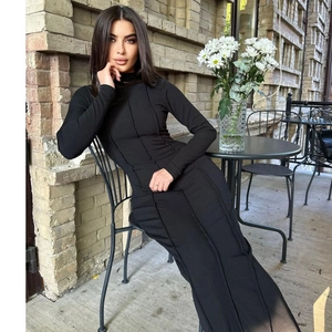 Robe moulante noire élégante à manches longues en maille avec coutures verticales affinantes
