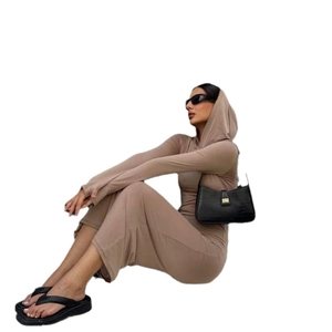 Slim fit hooded long sleeve maxi dress in khaki earth tone style for women street fashion
