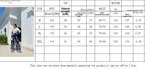 Detailed size chart for women's two-piece print set showing M to XXL dimensions