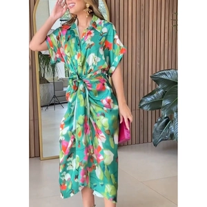 Women's casual green floral shirt dress with short sleeves and waist tie detail
