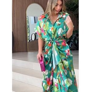 Women's green floral print maxi shirt dress with waist tie and lapel collar